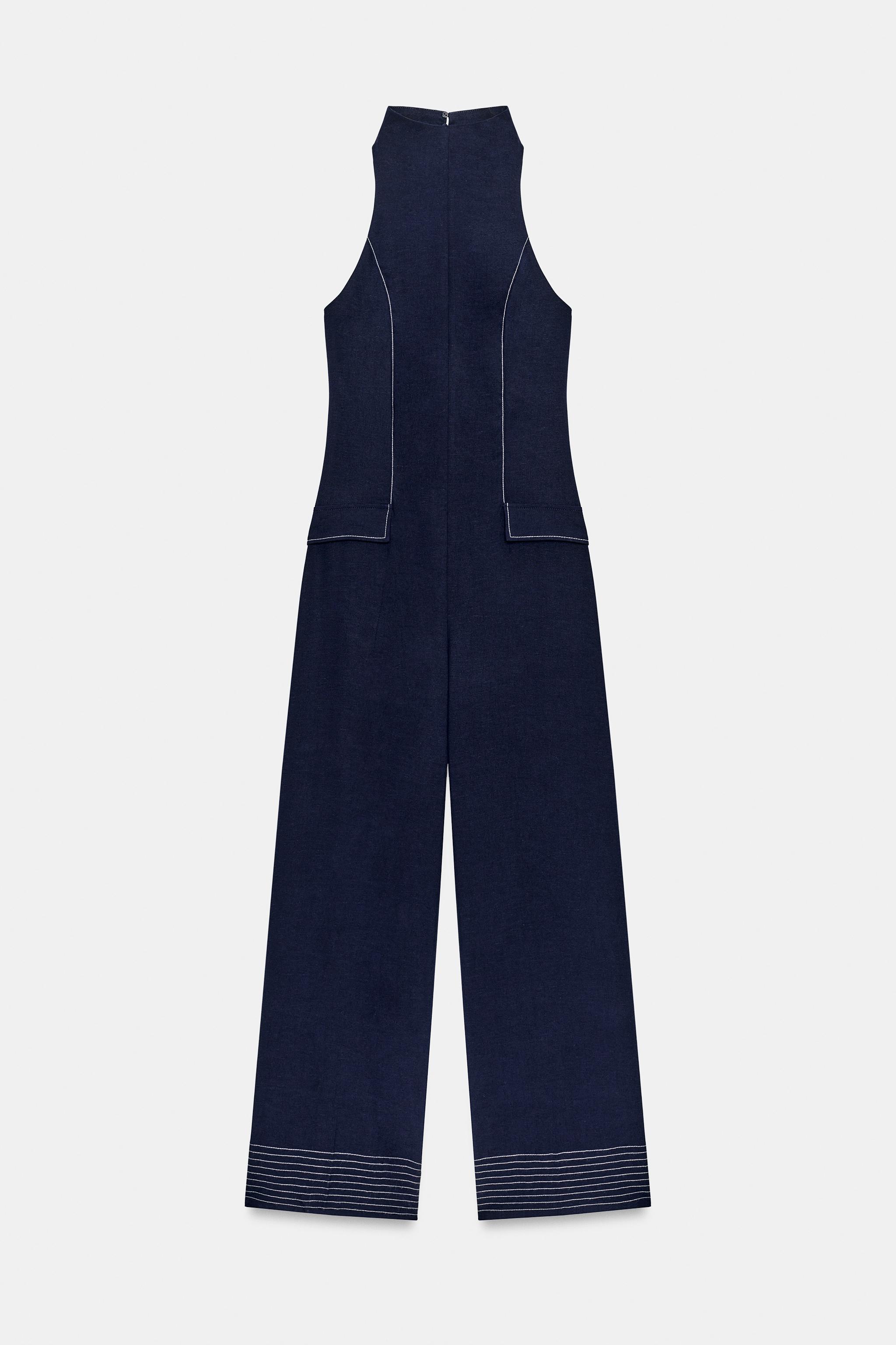 CONTRAST PIPING HALTER JUMPSUIT